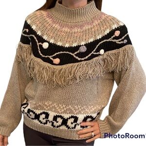 RARE Vintage Cristina Fringe Knit Turtleneck Sweater